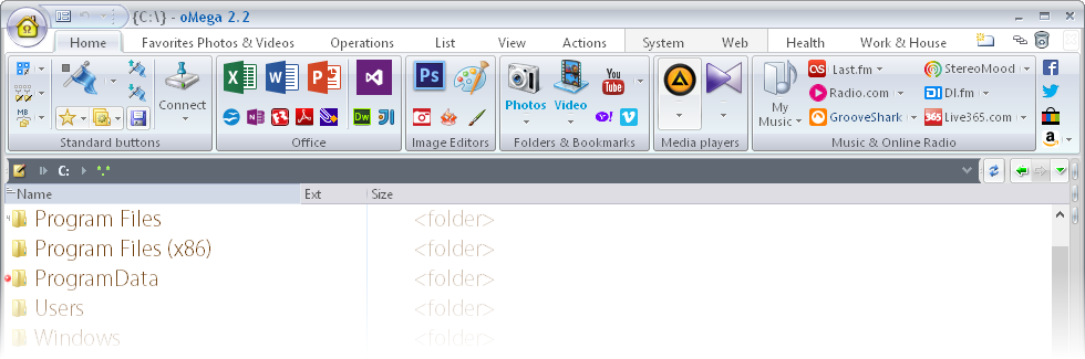 oMega Commander Features. A typical ribbon, created by the user.